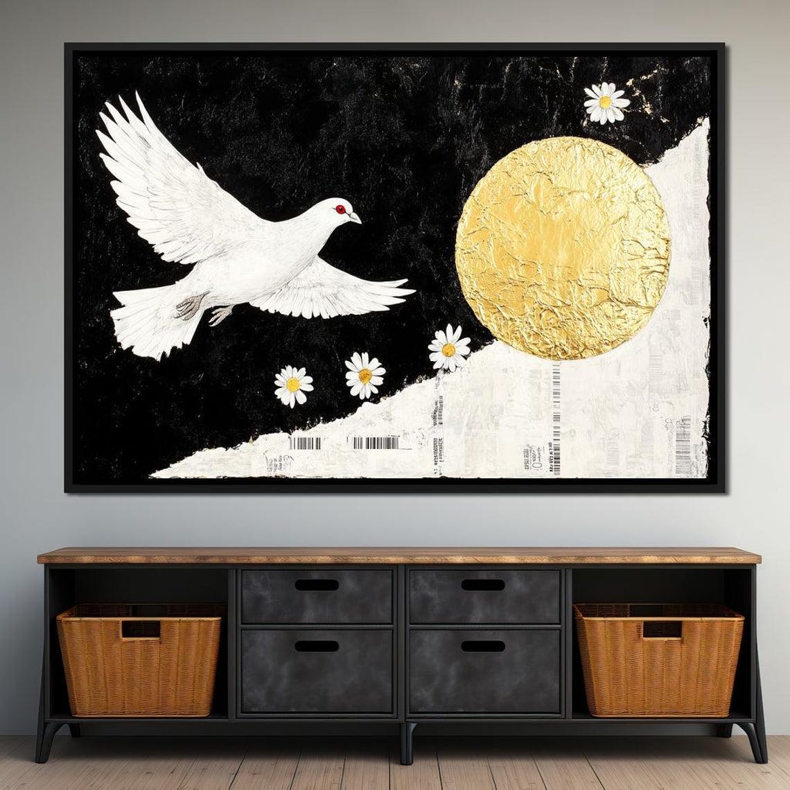 White Dove Gold Full Moon Black White Daisies Peaceful Flight Poster - Image 3