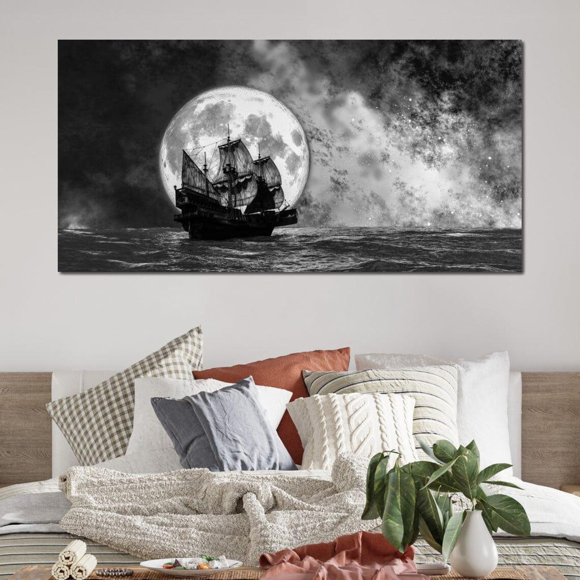 Sailing Under The Full Moon Nautical Decor Moonlit Sailing Black And White Maritime Art Seascape Wall Art By Nichecanvas - Image 3