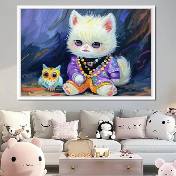 Fluffy Kitten Purple Pajamas Baby Owl Whimsical Night Kids Art Print