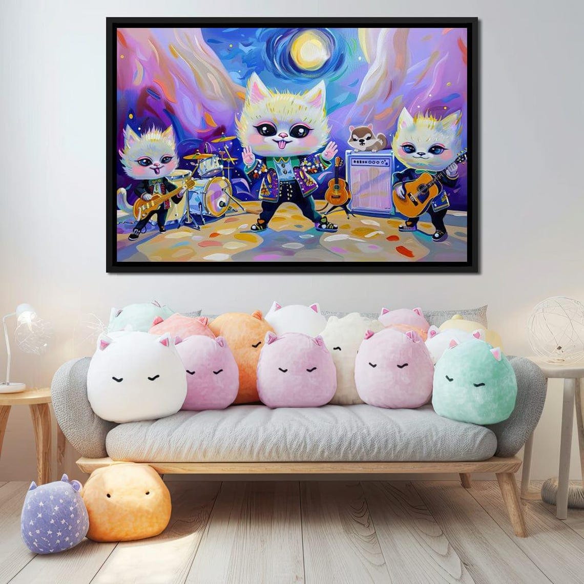 Cute Cat Rock Band Guitars Drums Whimsical Kids Music Wall Poster - Image 2