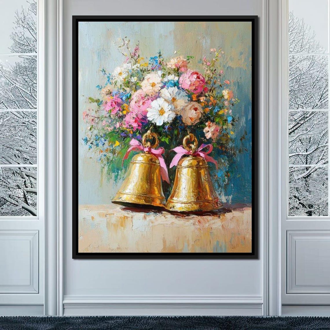 Two Golden Bells With Pink Ribbons Beneath Lush Floral Bouquet Poster - Image 3