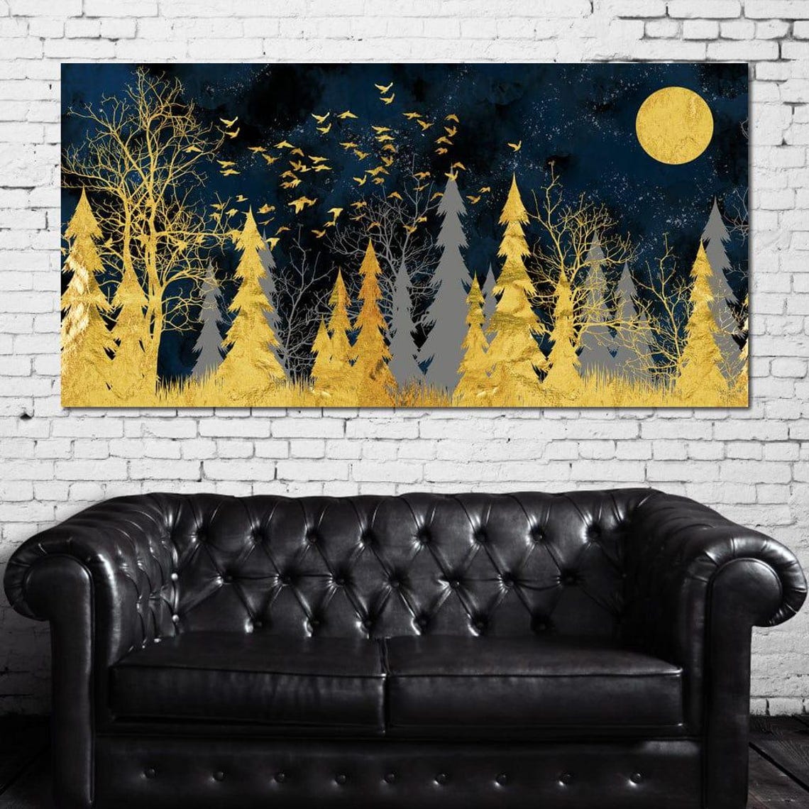 Golden Moonlit Forest Night Sky Birds Gold Navy Modern Art Poster - Image 4