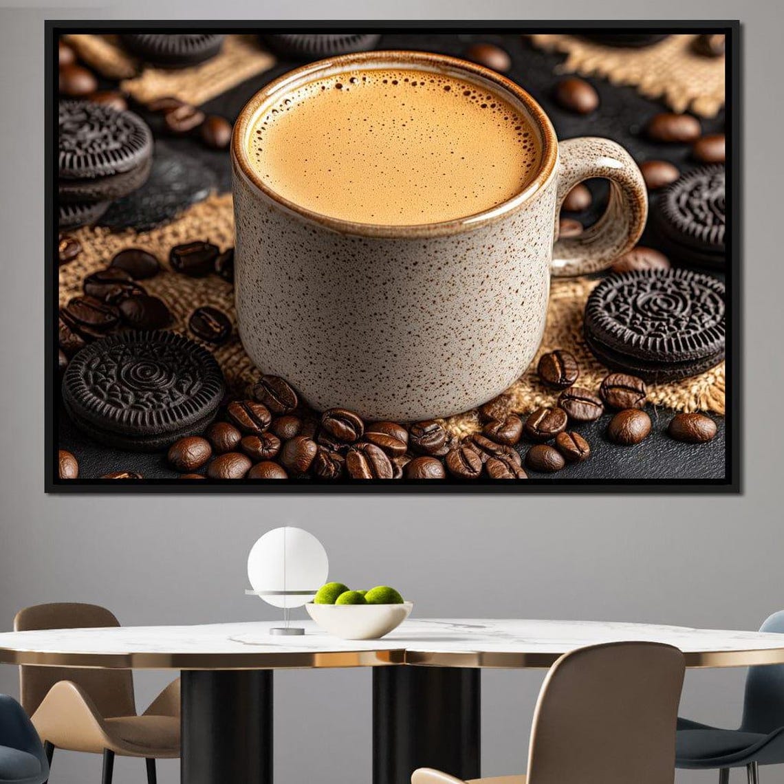 Steaming Coffee In Ceramic Mug Coffee Beans Cookies Dark Rustic Poster