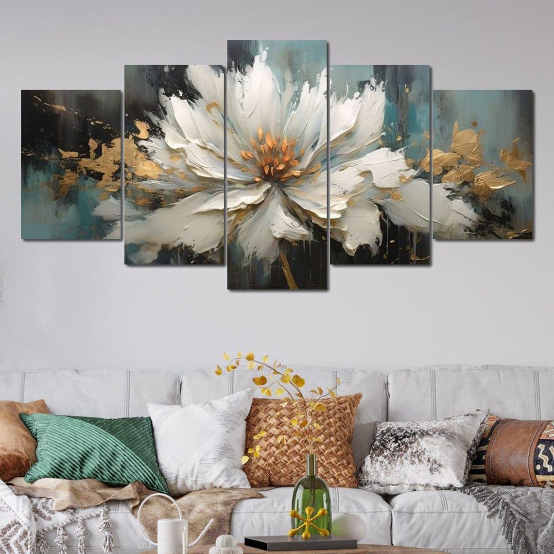 White Bloom Gold Splatter Five Panel Floral Modern Art Print - Image 4