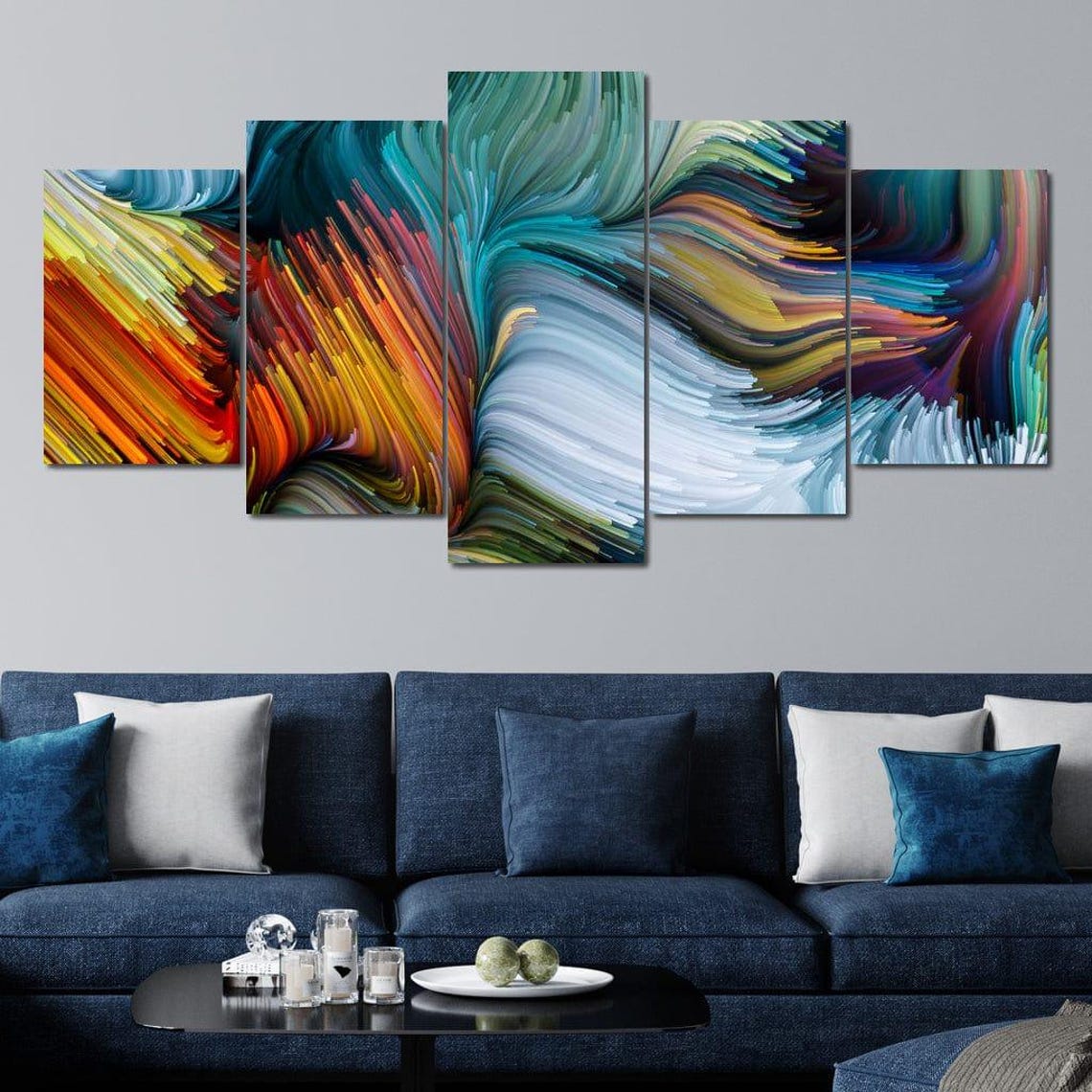Teal Orange Yellow Fluid Wave Five Panel Modern Abstract Wall Art