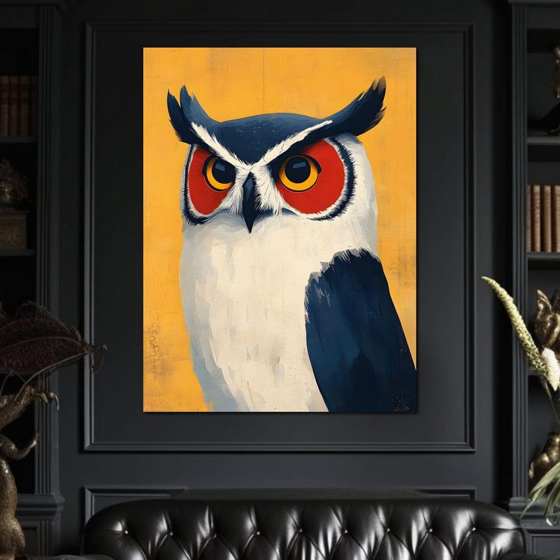 Bold Owl Portrait with Red Ringed Eyes on Golden Yellow Poster - Image 2