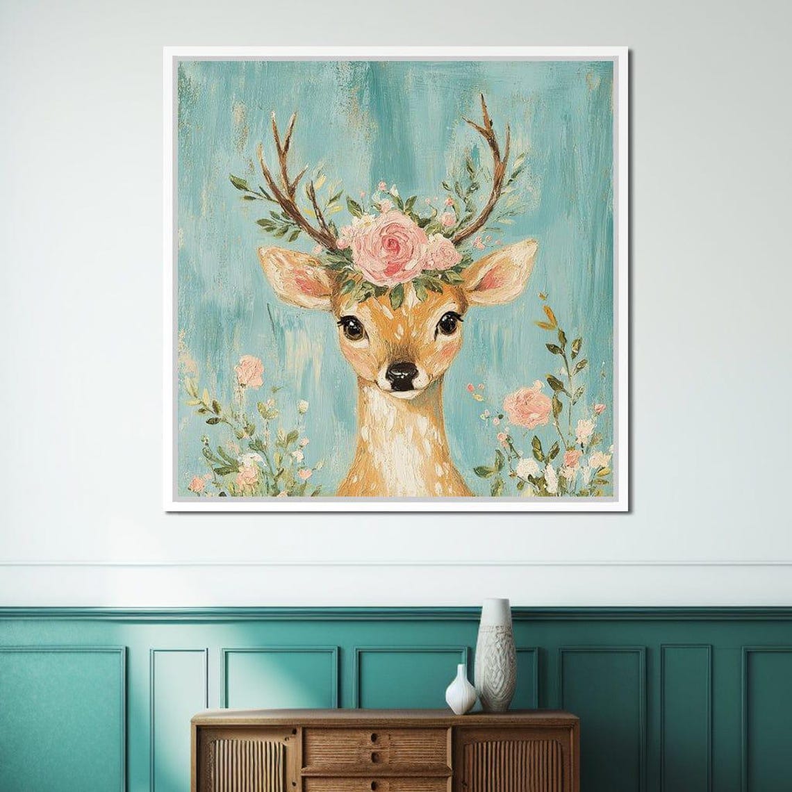 Sweet Fawn With Floral Crown On Turquoise Whimsical Deer Poster - Image 4
