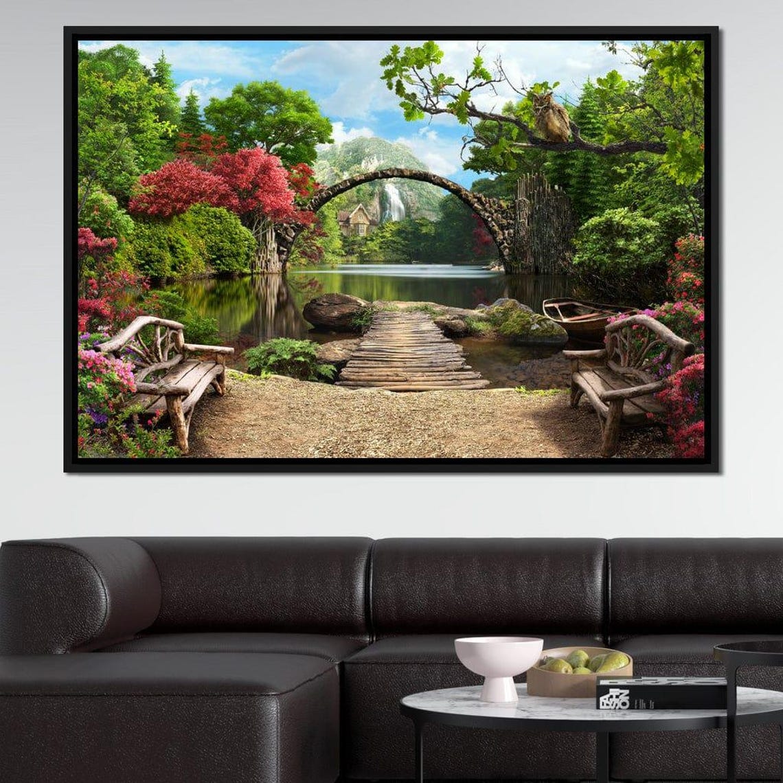 Stone Bridge Serene Landscape Wall Art Nature Scene Lakeside Decor Peaceful View Garden Decor Multicolor By Nichecanvas - Image 2