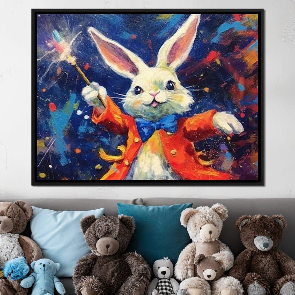 Bunny Magician Wand Red Coat Blue Bowtie Whimsical Kids Art Print