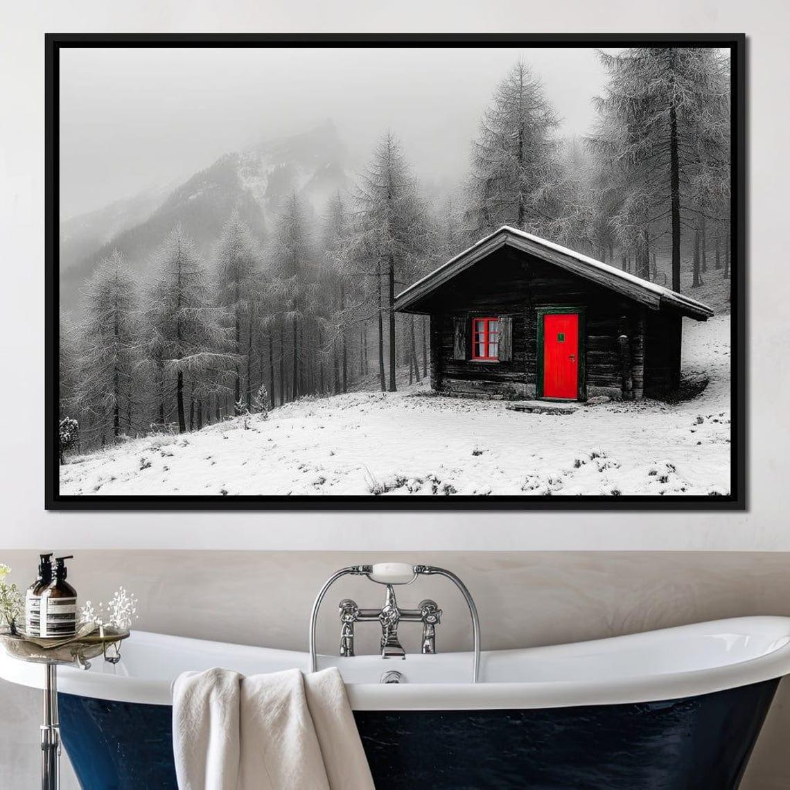 Snowy Mountain Cabin Red Door Winter Forest Selective Color Poster - Image 2