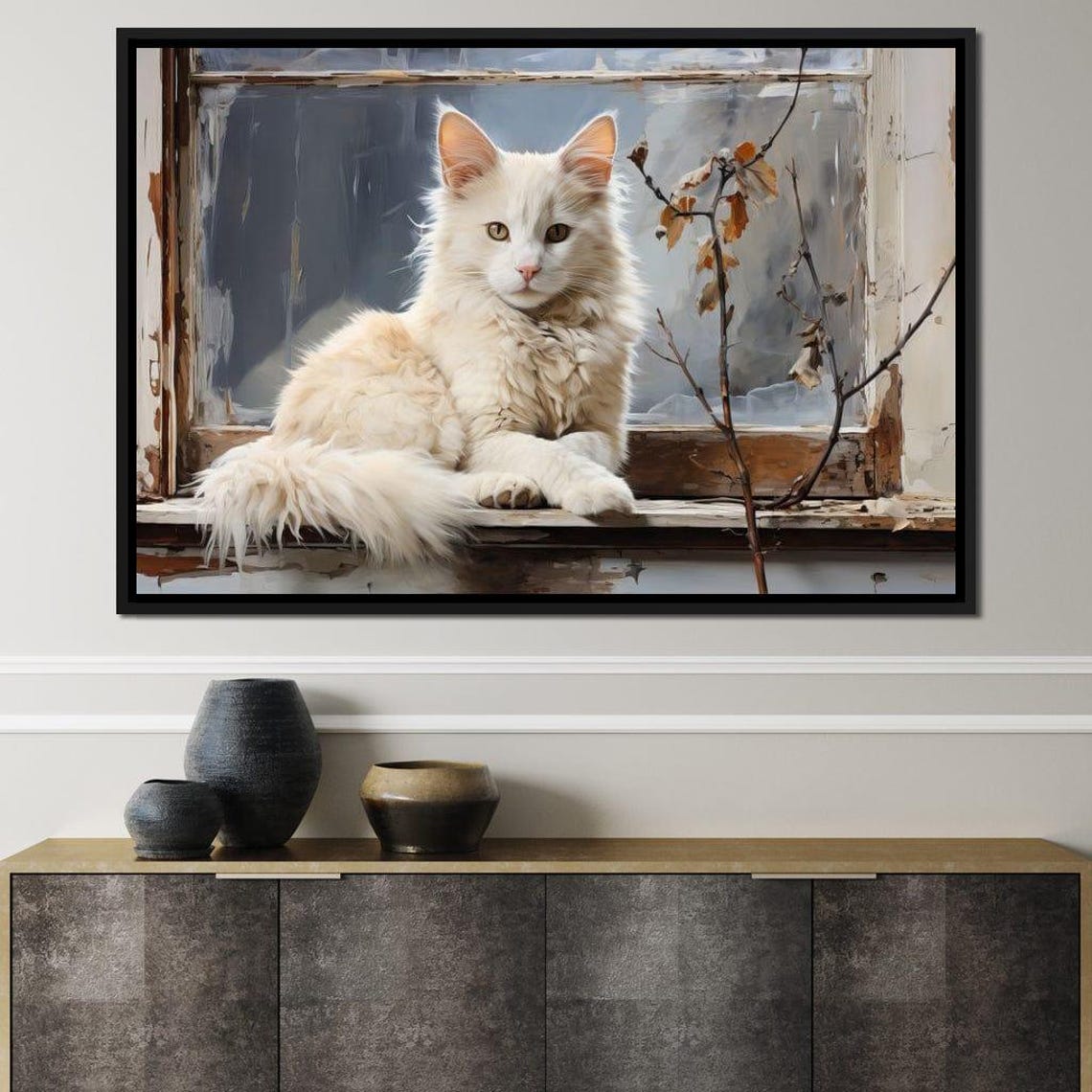 White Cat Serene Long Haired Feline Rustic Window Sill Poster - Image 2