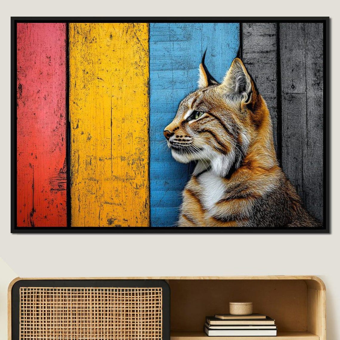 Wild Lynx Portrait Against Colorful Striped Wood Panels Poster - Image 4