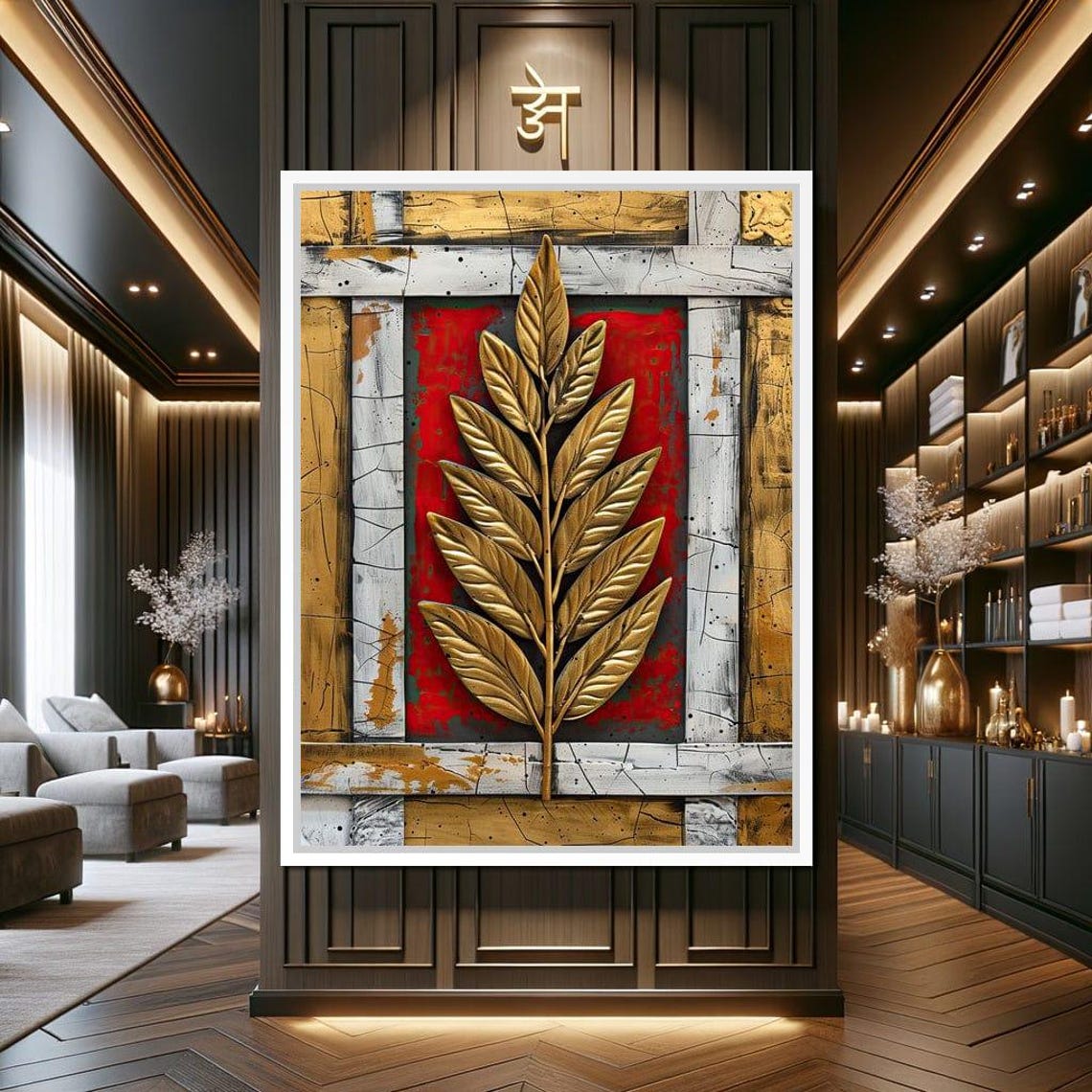 Golden Leaf Branch Red and Gold Textured Luxury Abstract Wall Art