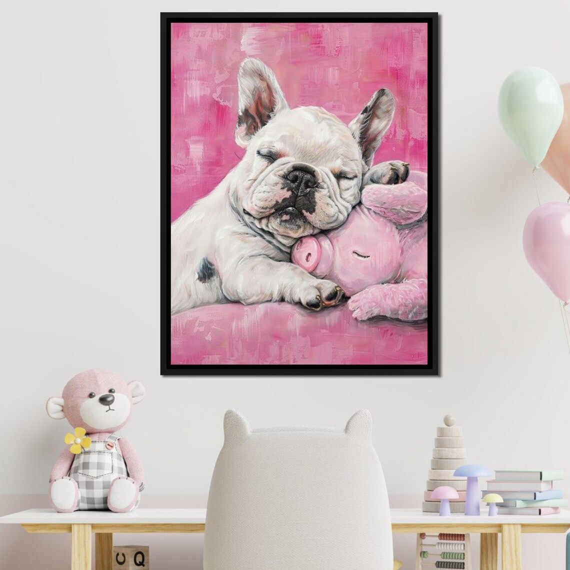 Sleeping French Bulldog Puppy Hugging Pink Piggy Plush Cute Art Poster - Image 2