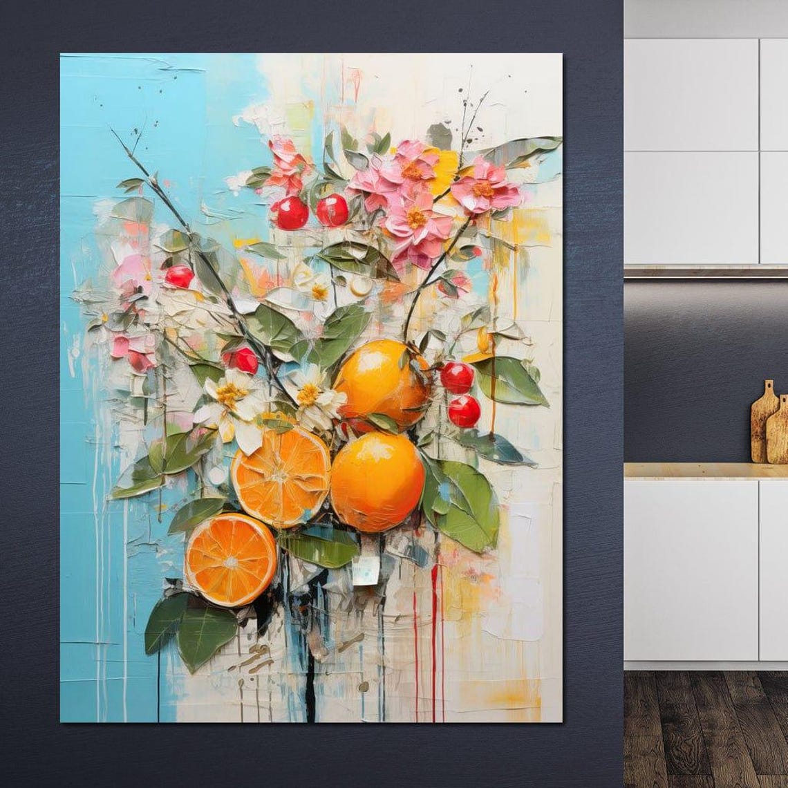 Orange Citrus Branch Blossom Painting Turquoise Kitchen Wall Art Print - Image 3