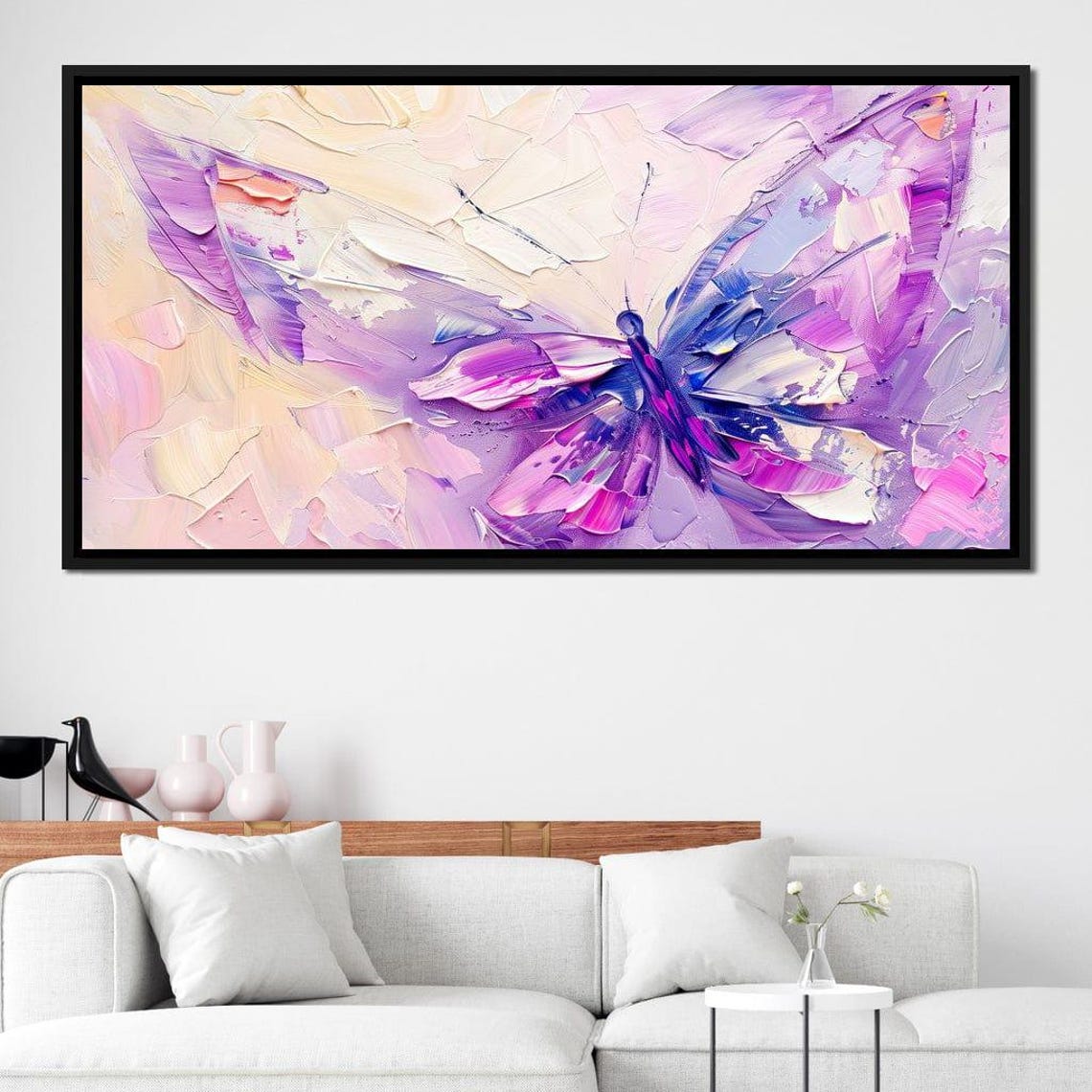 Pink Violet Butterfly Impasto Painting Light Pastel Dreamy Wall Art - Image 2