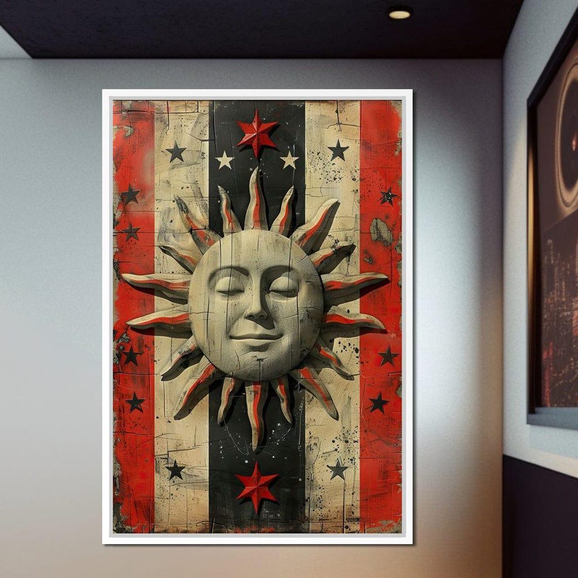Sunrise Symphony On Stripes Sun Wall Art Modern Home Decor Star Motif Red Black Vertical Artwork Unique Design By Nichecanvas - Image 2