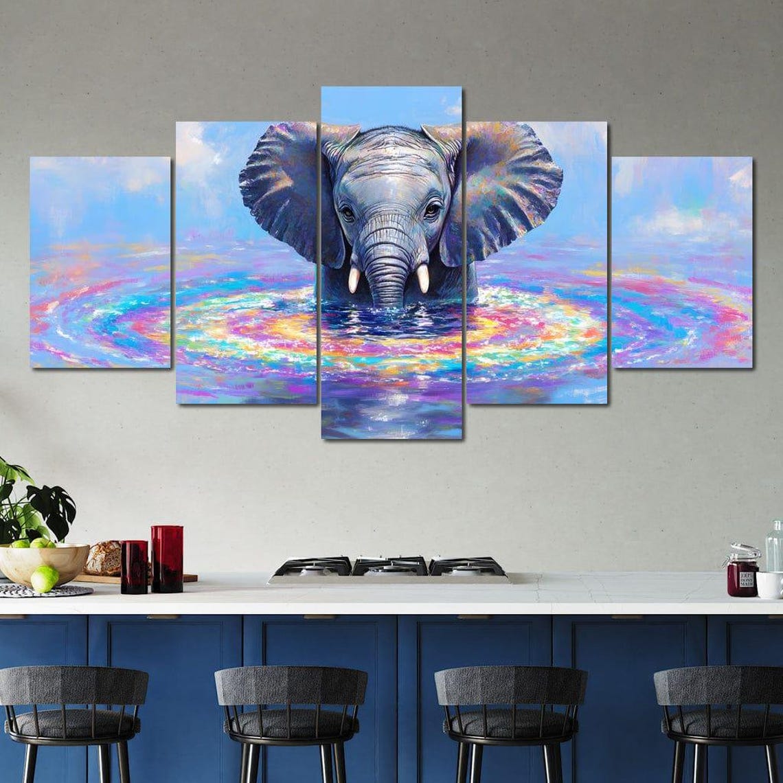 Baby Elephant Rising from Rainbow Water Five Panel Canvas Poster