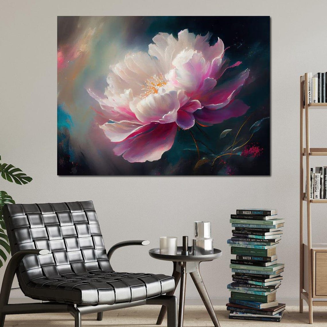 Ethereal Pink Peony Bloom On Dark Background Modern Floral Art Print - Image 3