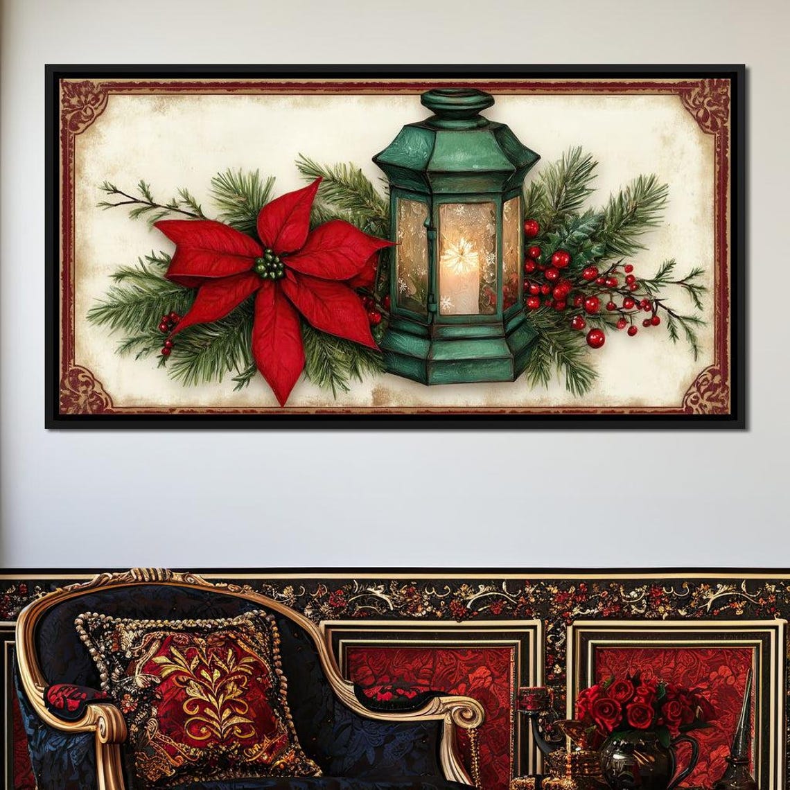 Vintage Green Candle Lantern Poinsettia Pine Holiday Art Poster