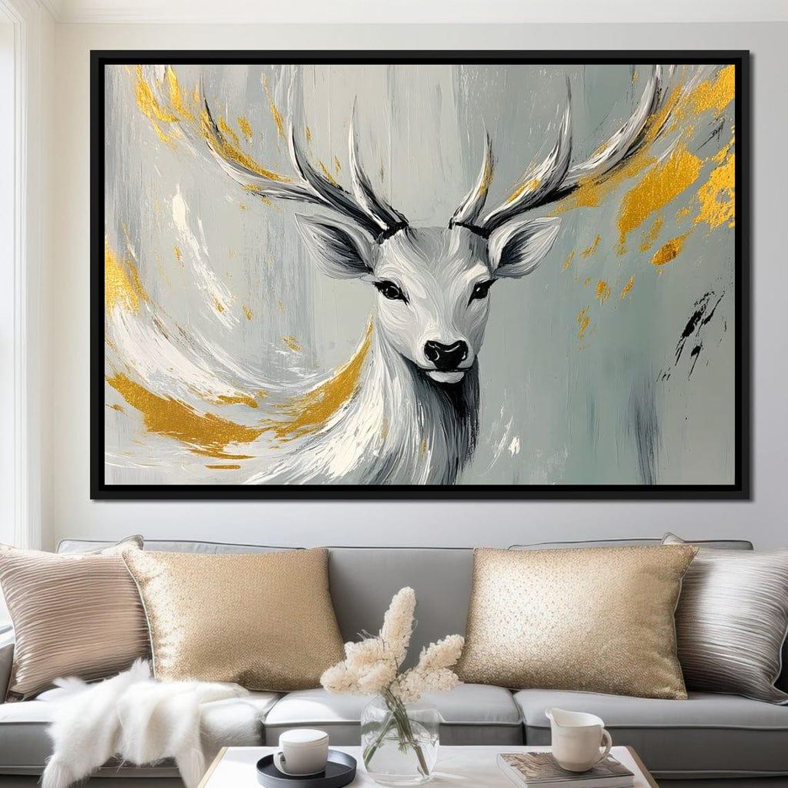 Serene White Stag Portrait with Golden Leaf Brushstrokes Poster - Image 4
