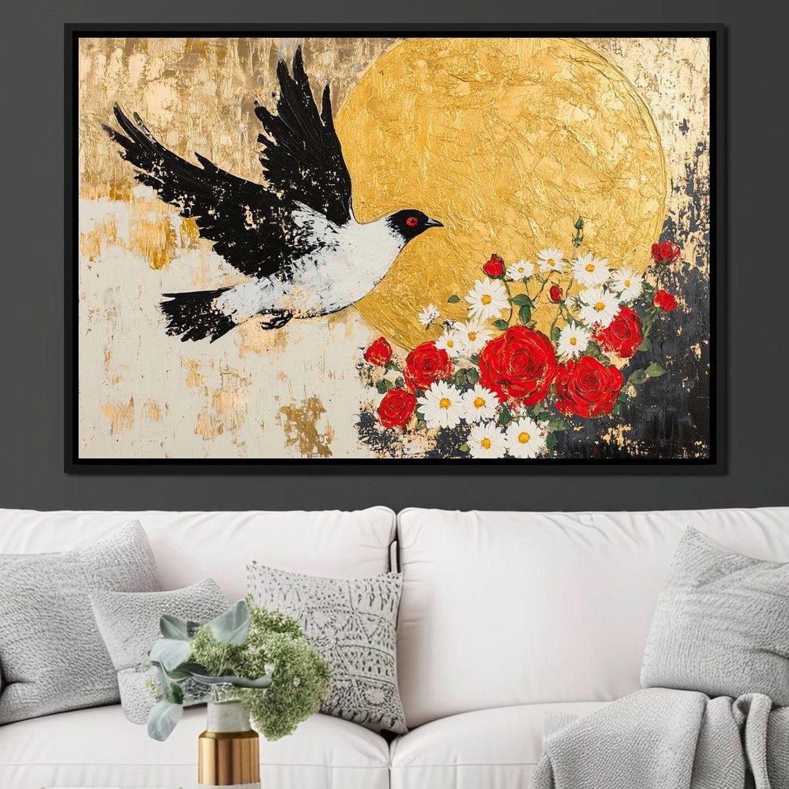 Black White Dove Gold Moon Red Roses Cream Modern Flight Bird Poster - Image 4