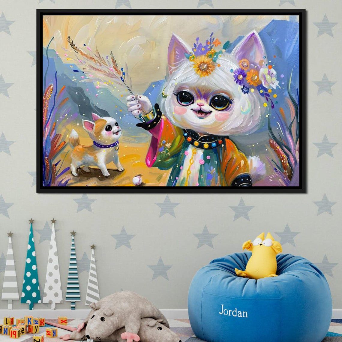 Whimsical Wizard Cat With Puppy Pal Colorful Fantasy Kids Wall Art - Image 2