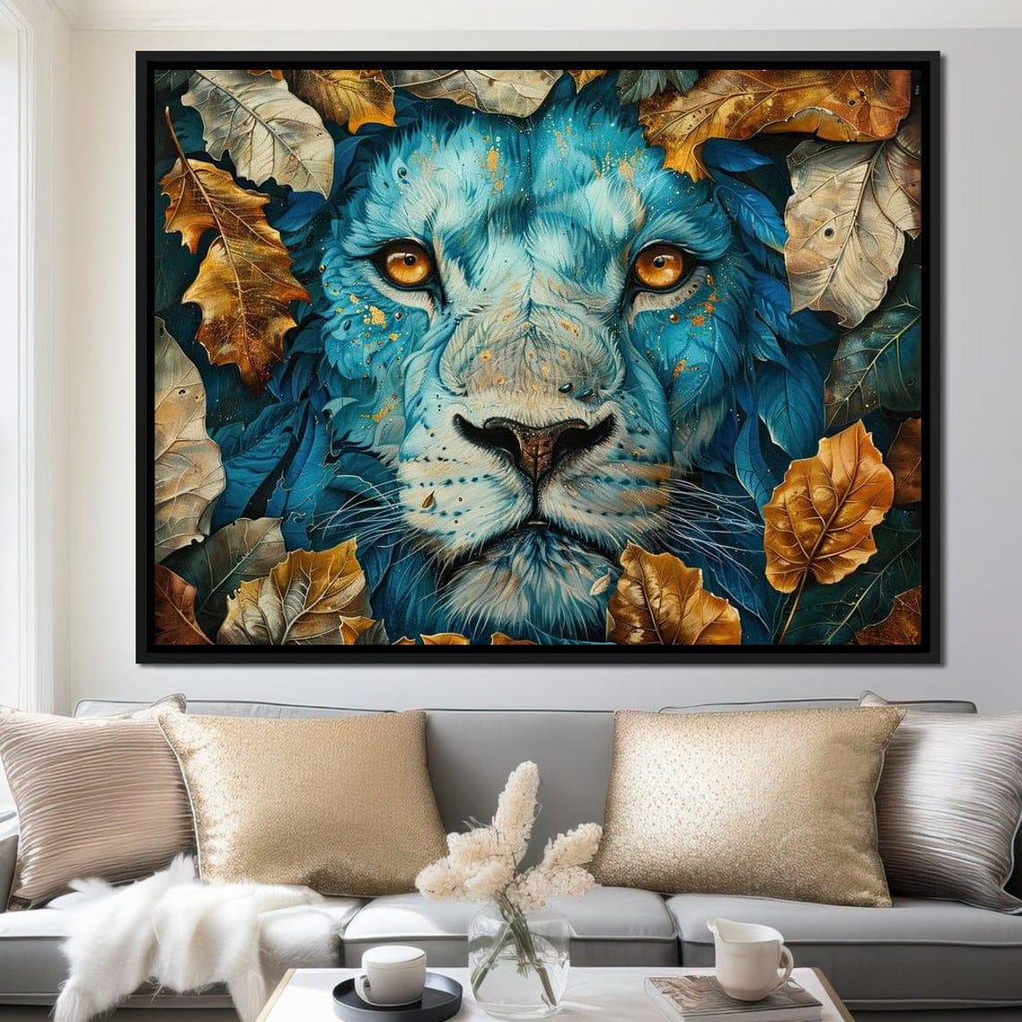 Sapphire Blue Lion Face Framed Autumn Leaves Bold Animal Art Poster - Image 4