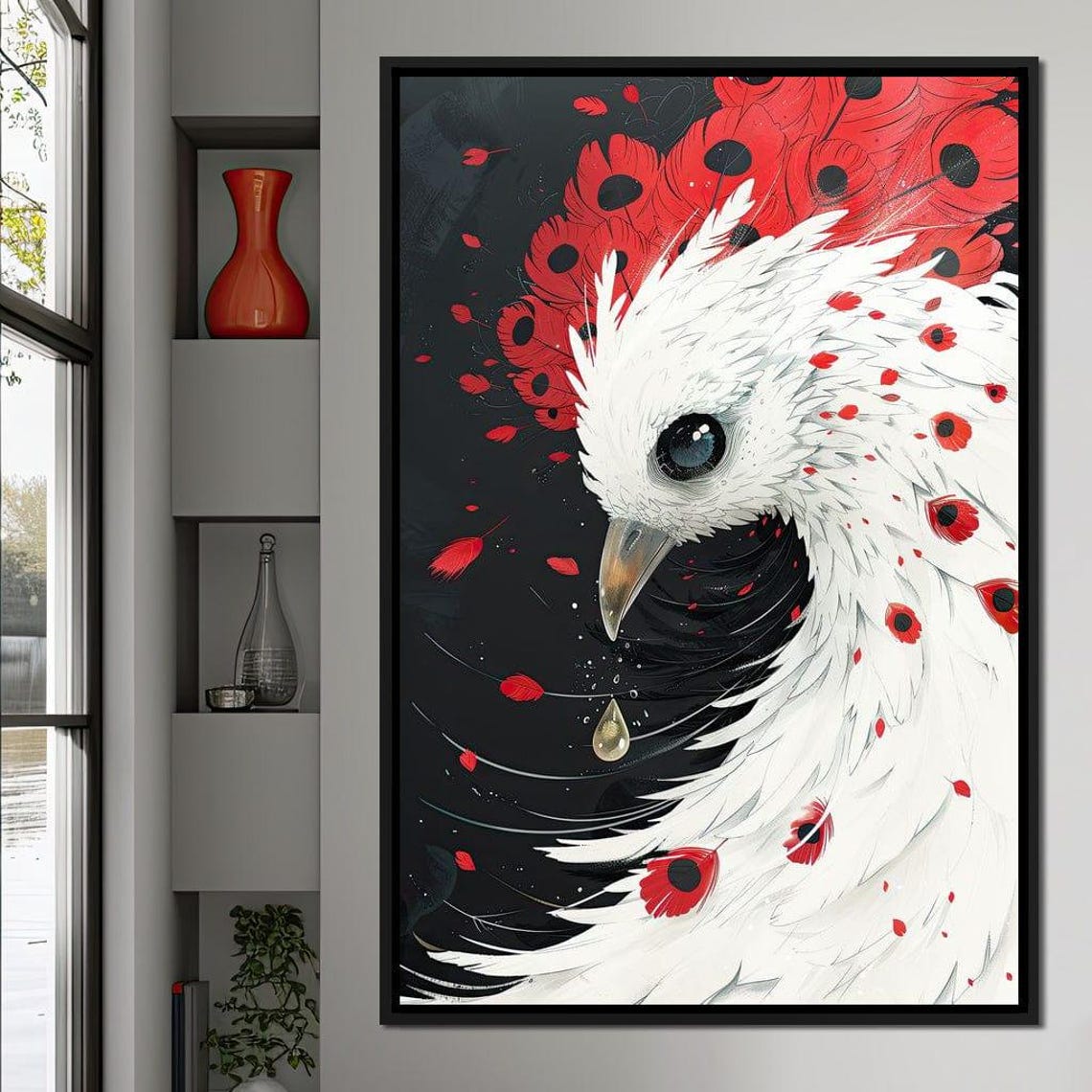 White Dove With Crimson Feathers Black Background Bird Art Poster