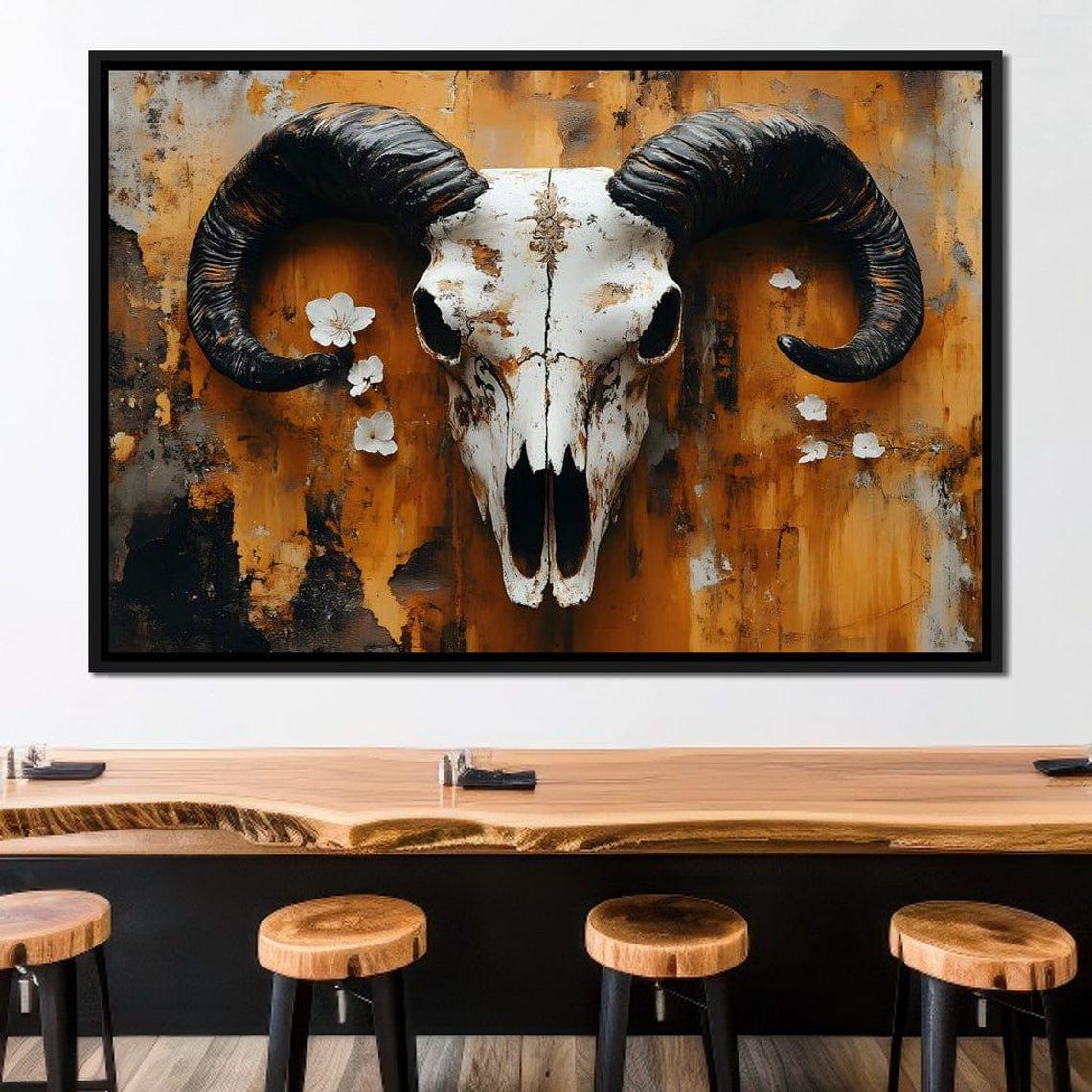 Ram Skull with Curved Horns on Rustic Orange Abstract Wall Poster - Image 4