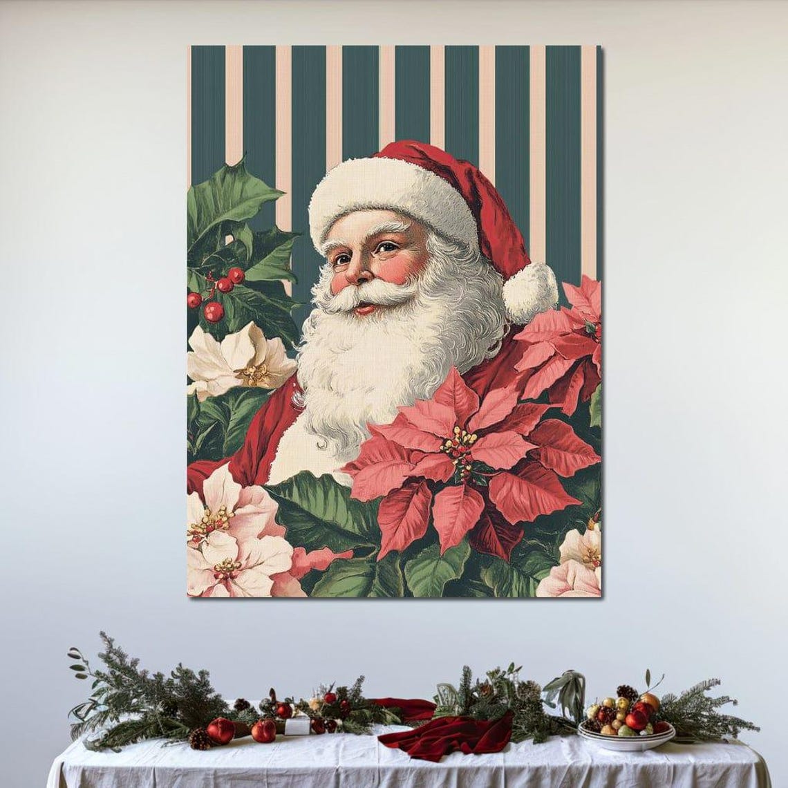 Vintage Santa Smiling With Poinsettias Retro Christmas Poster - Image 2