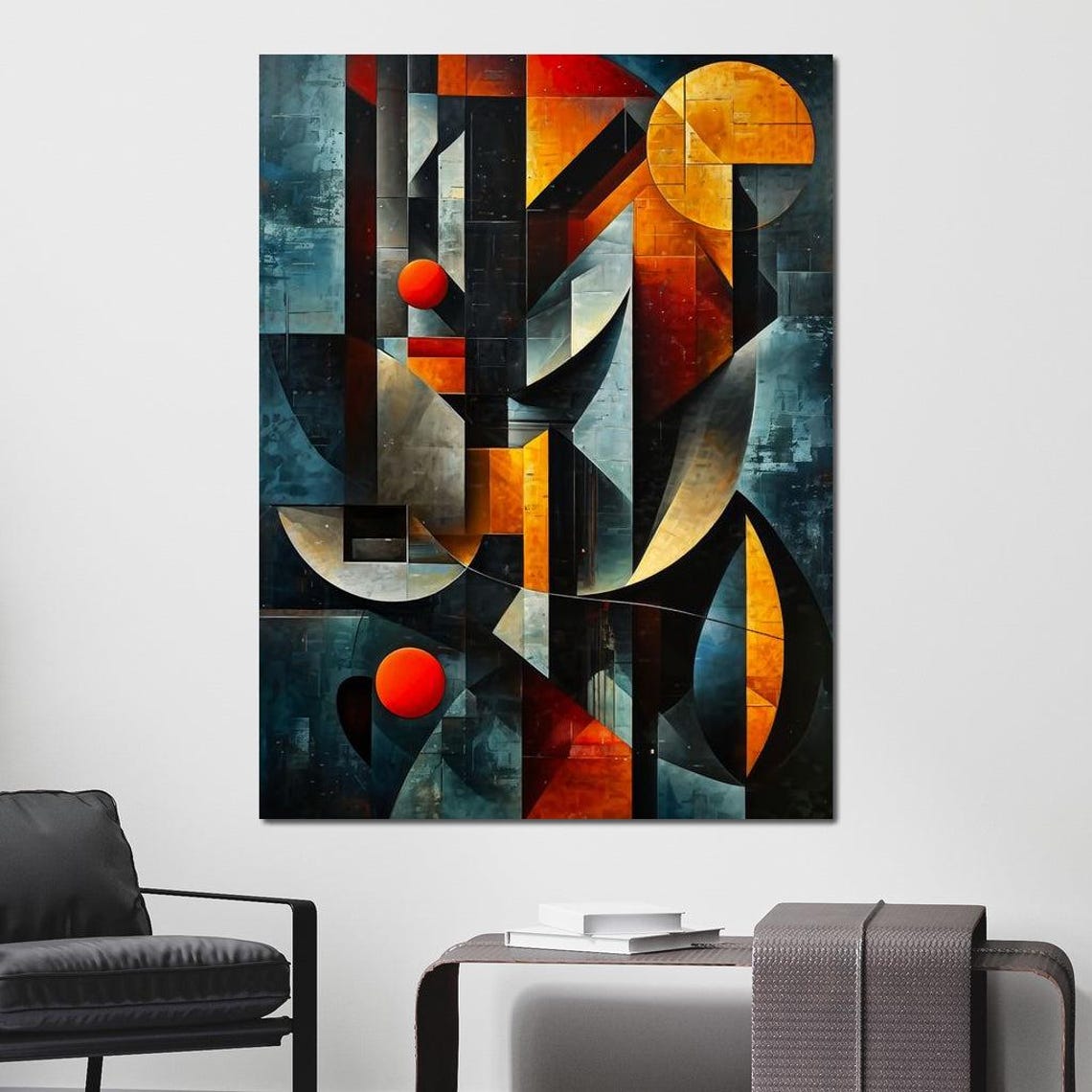 Cubist Abstract Orange Sun Spheres Dark Blue Grey Geometric Art Poster - Image 2