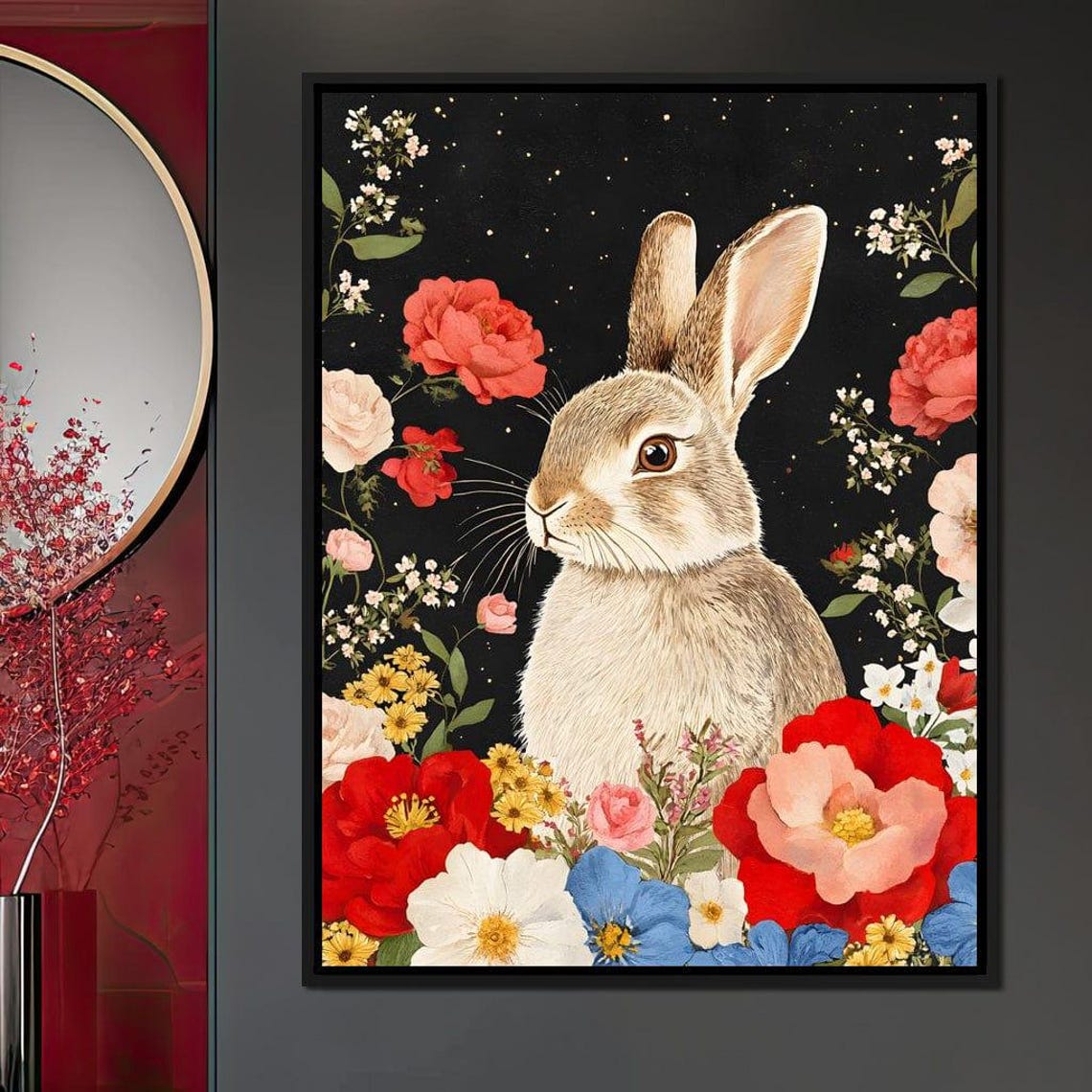Cute Bunny Rabbit Among Colorful Blooms On A Starry Night Poster