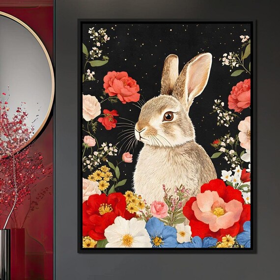 Cute Bunny Rabbit Among Colorful Blooms On A Starry Night Poster