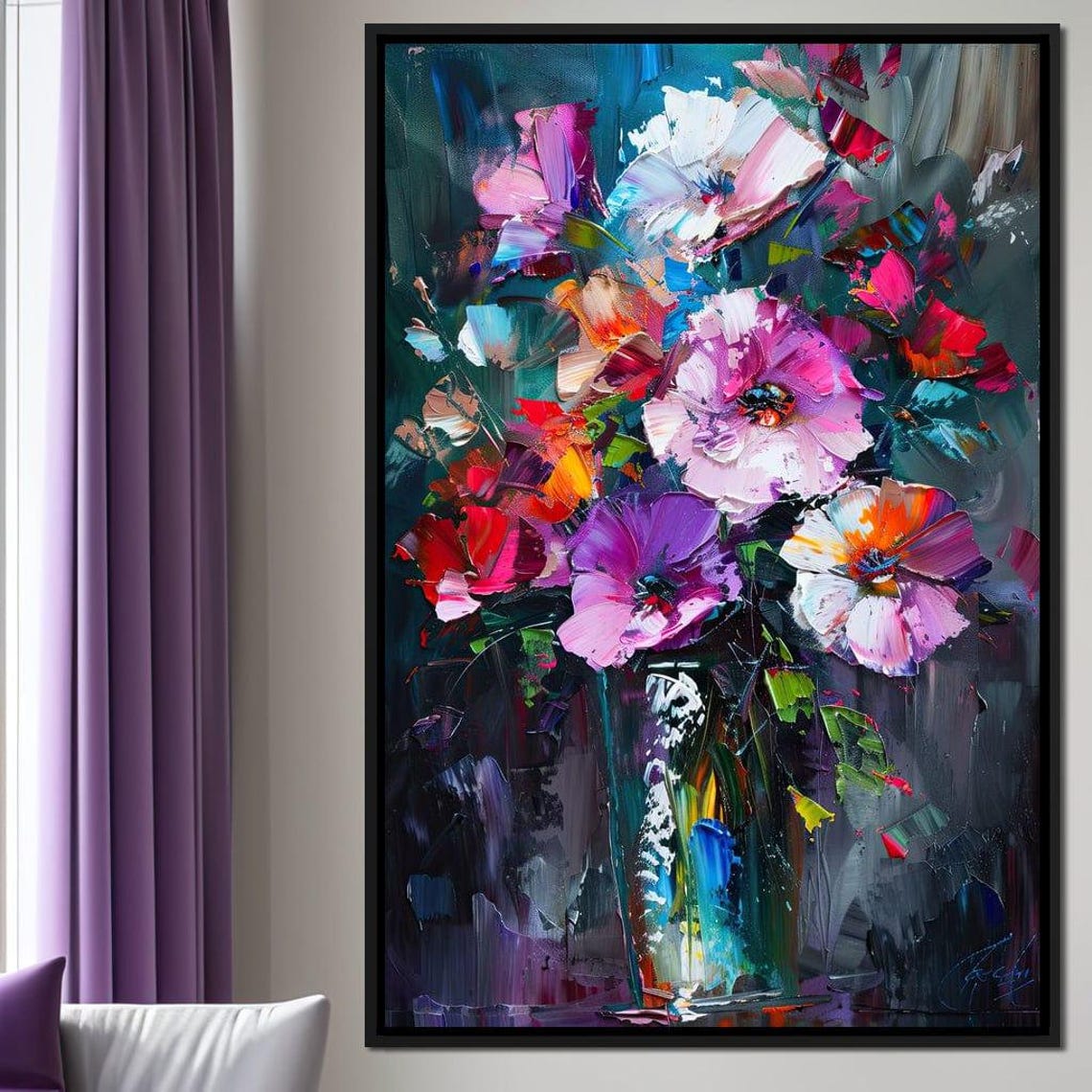 Colorful Bouquet Impasto Vase Flowers Dark Background Wall Art - Image 3