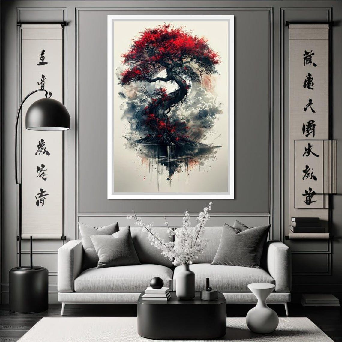 Red Japanese Maple Tree Ink Painting Mist Reflection Zen Wall Art - Image 4