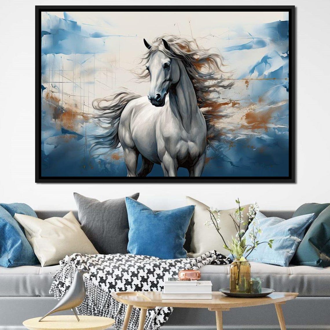 Majestic White Horse Flowing Mane Blue Abstract Equestrian Poster - Image 3