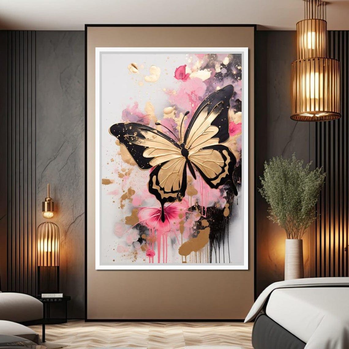Dreamflight Pink Hues Gold Butterfly Abstract Floral Art Poster - Image 2