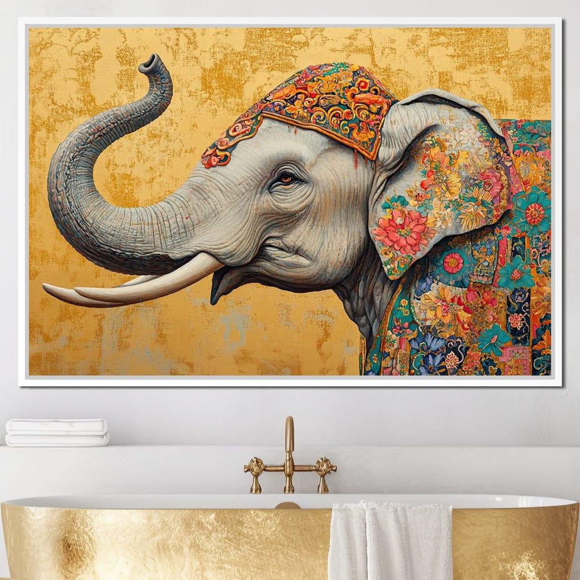 Elephant With Ornate Floral Headdress Gold Background Boho Art Poster - Image 3