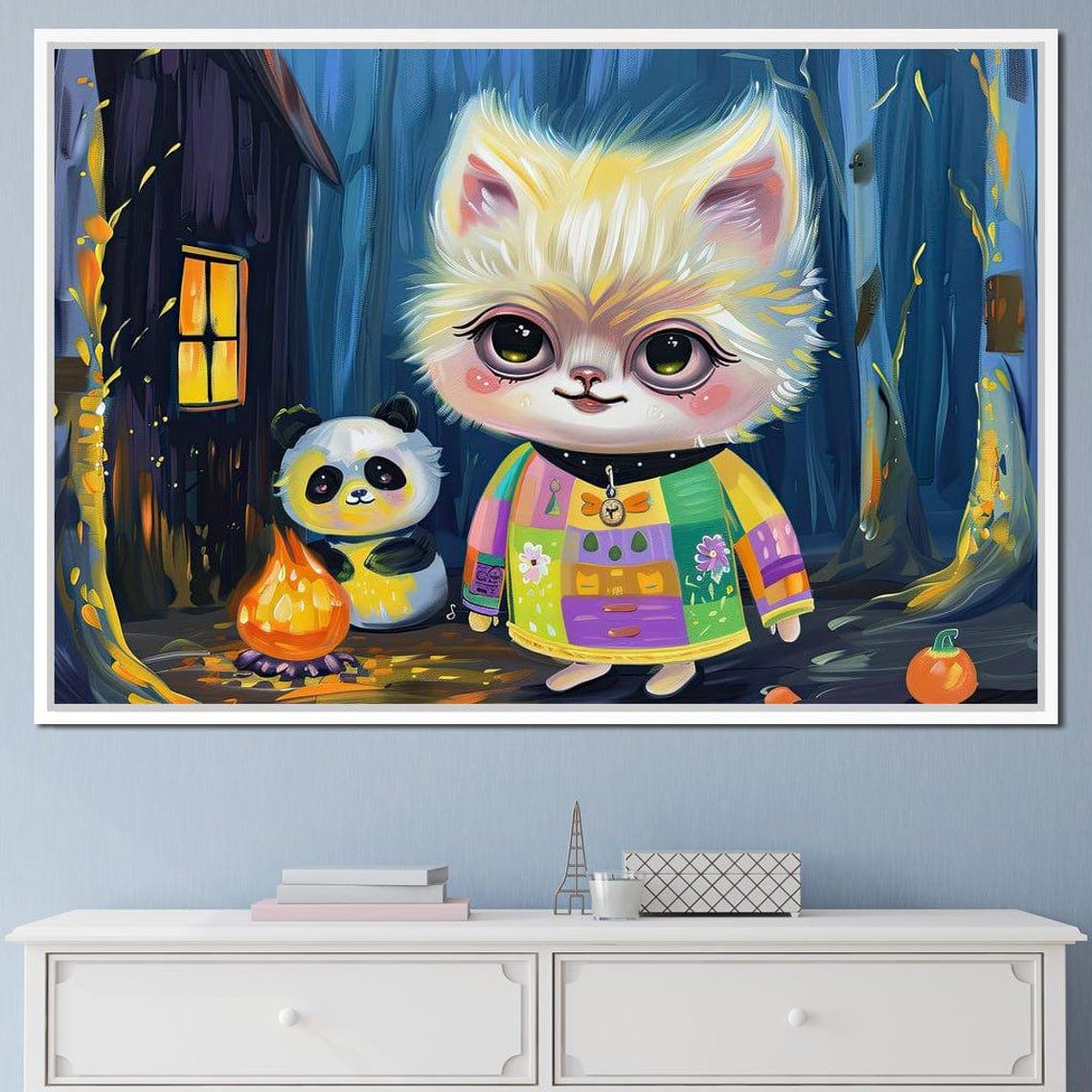Cute Kitten Panda Campfire Cabin Night Whimsical Kids Room Art Print - Image 3