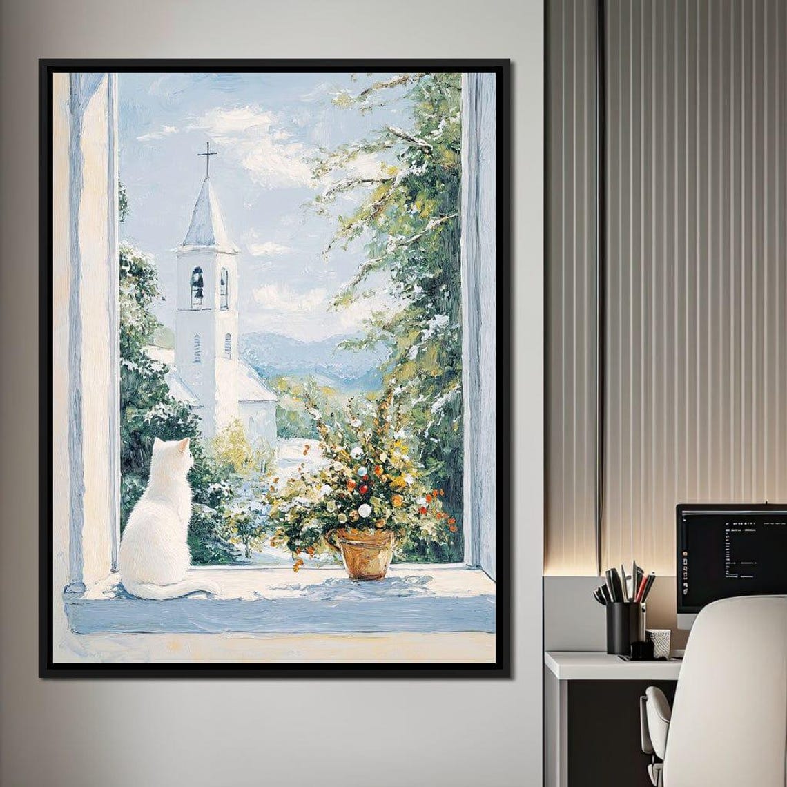 White Cat Watching Snowy Chapel From Cozy Windowsill Christmas Poster - Image 3