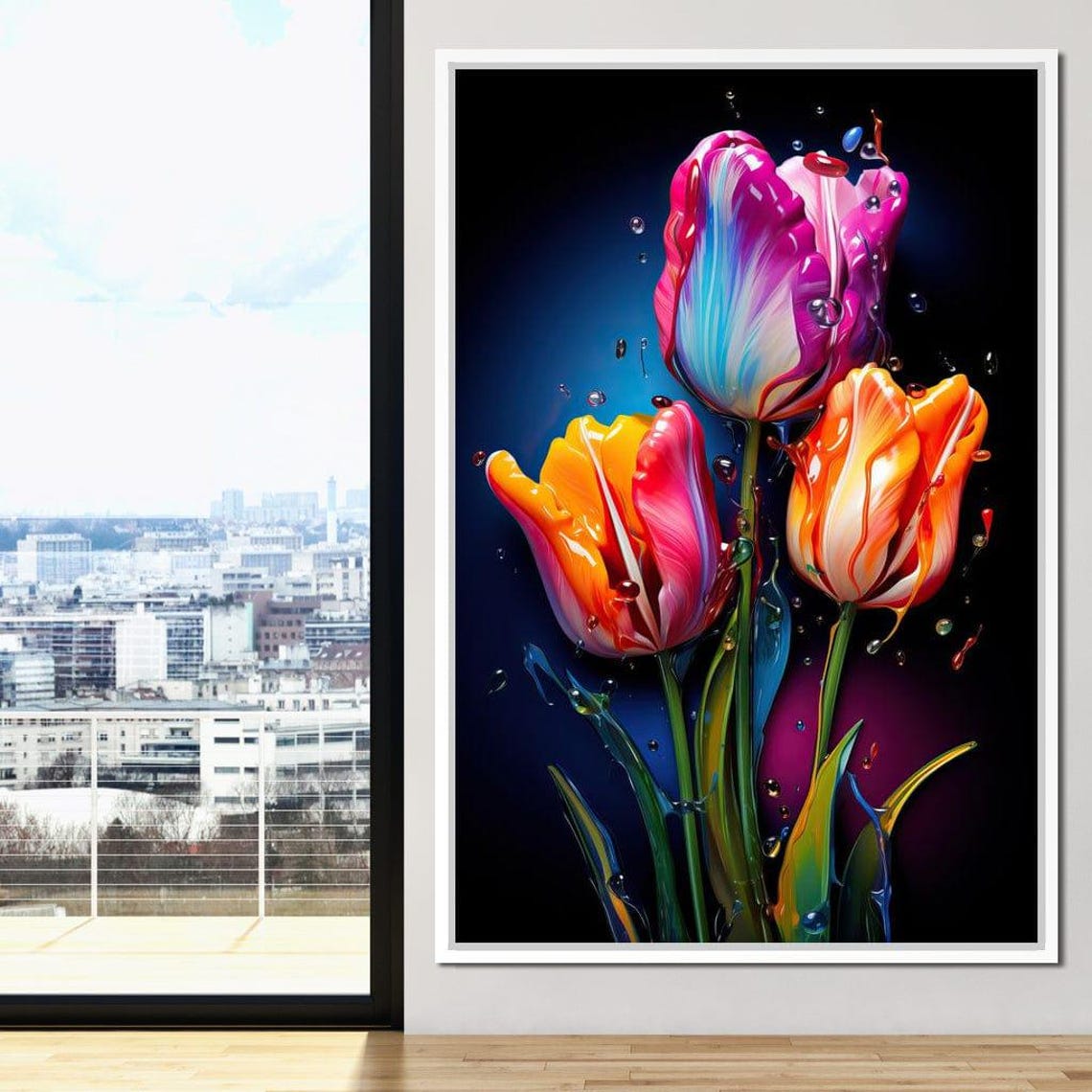 Rainbow Tulip Trio Liquid Paint Dripping Dark Floral Wall Art Poster - Image 3