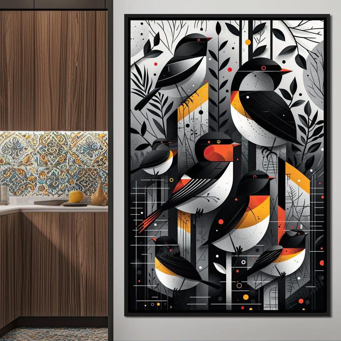 Geometric Songbirds Forest Black Orange Modern Bird Art Wall Poster - Image 3