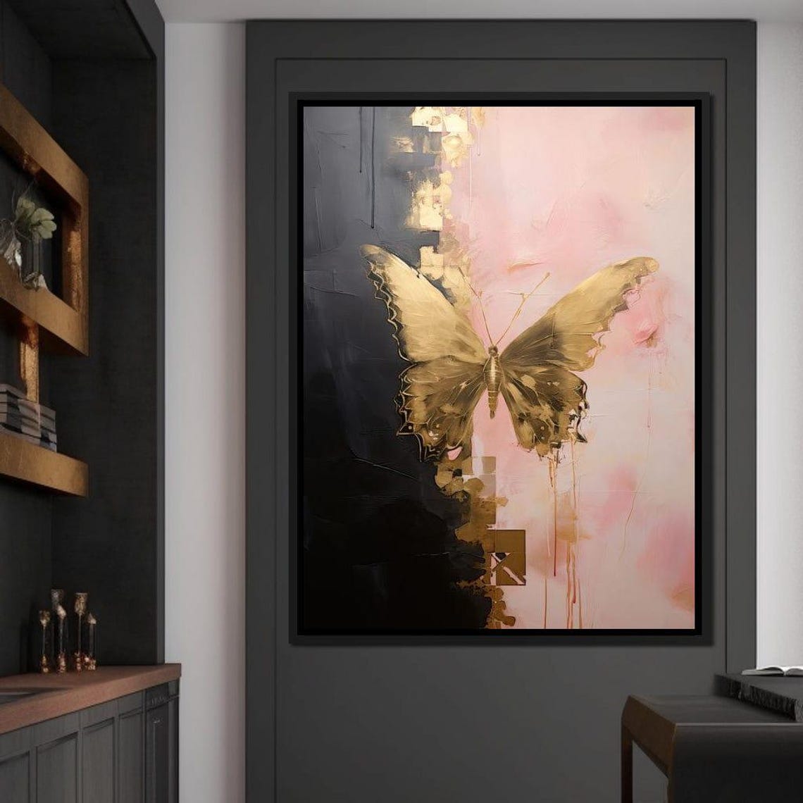 Golden Butterfly Abstract Art Black Pink Elegant Nature Wall Print