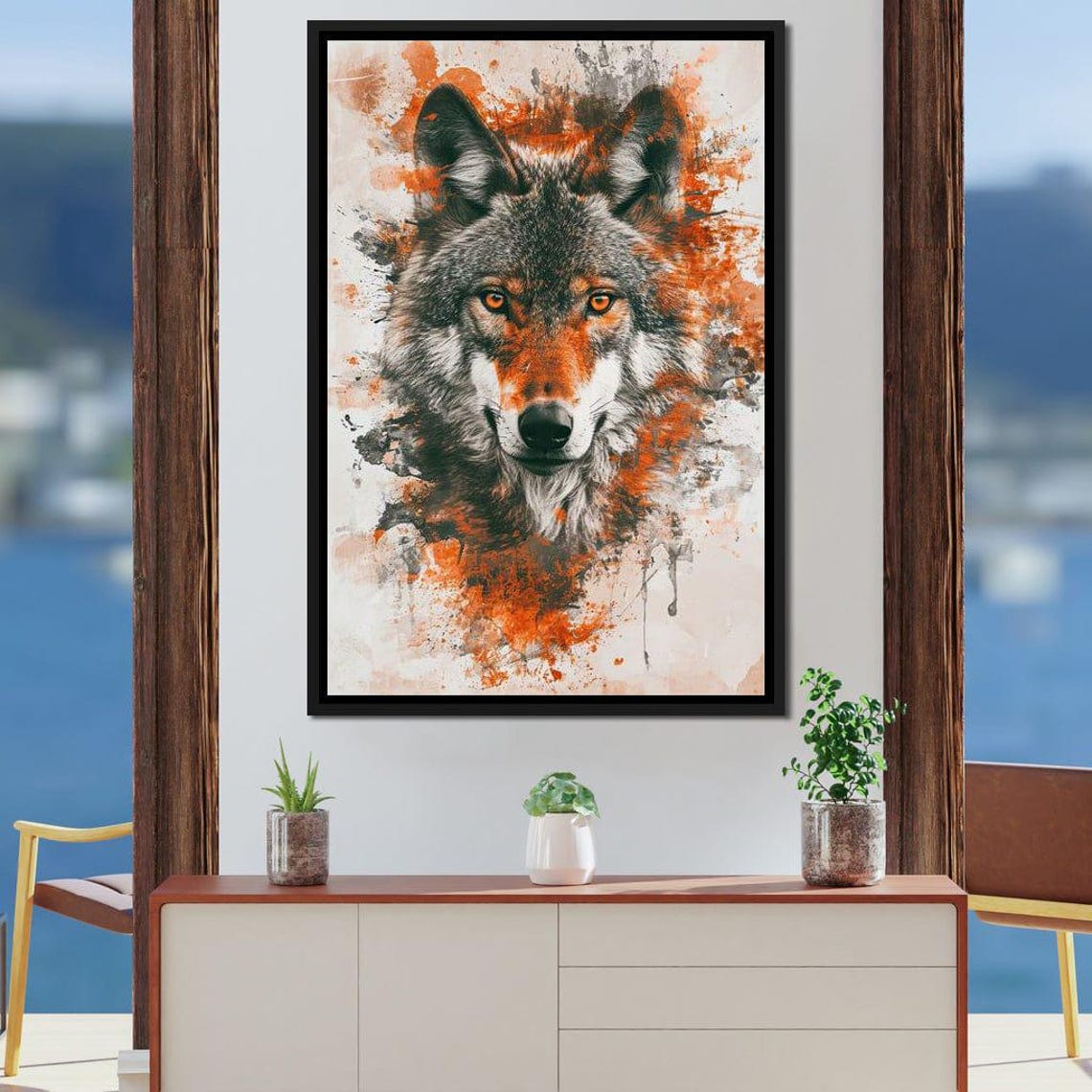 Wolf Gaze Majestic Portrait Orange Splatter Wildlife Art Poster - Image 2