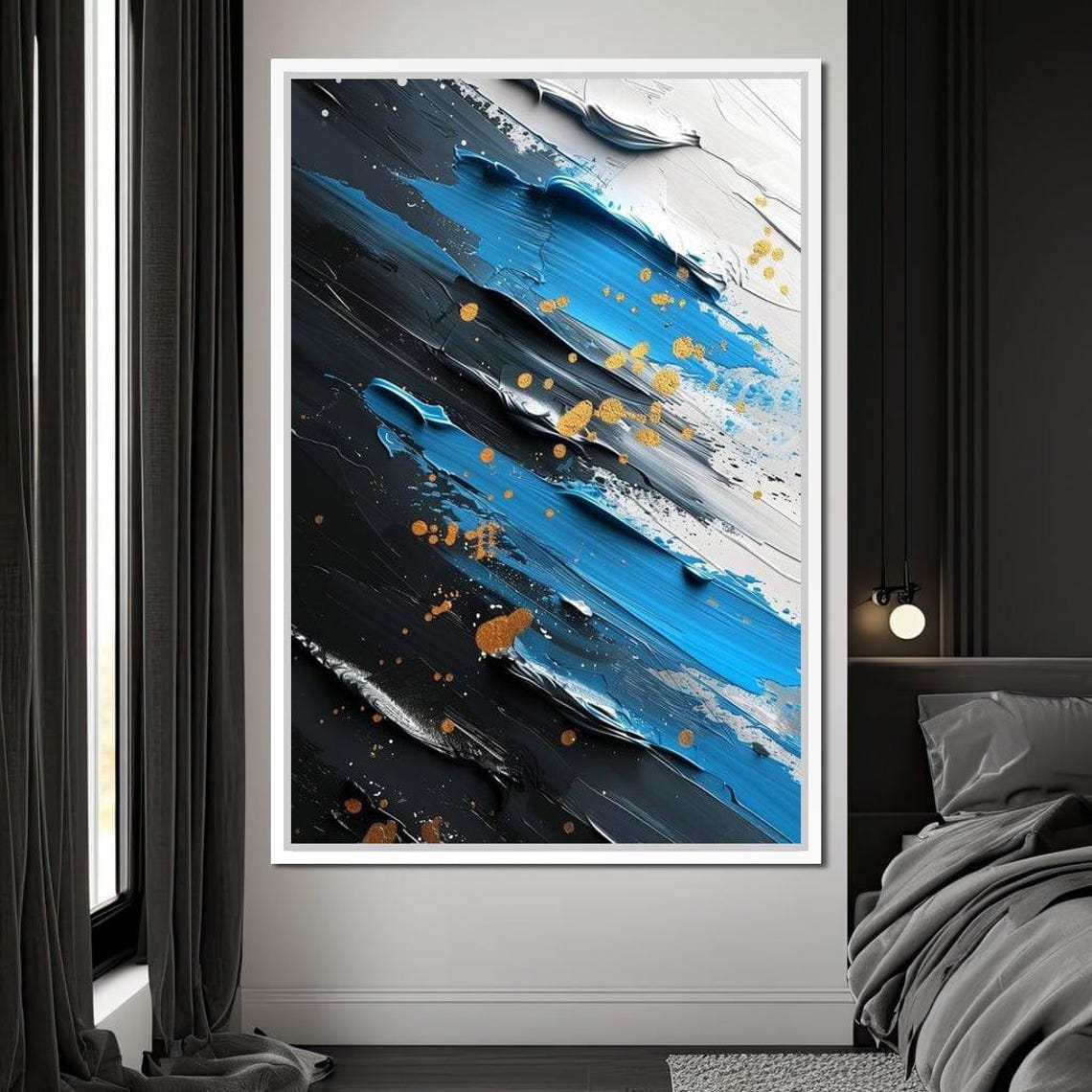 Sapphire Blue Gold Abstract Art Diagonal Brushstroke Dots Wall Poster - Image 3