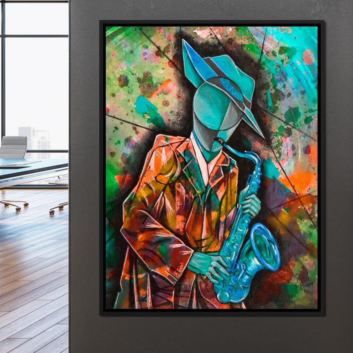Stylized Saxophone Player In Hat Colorful Cubist Jazz Music Art Poster - Image 2