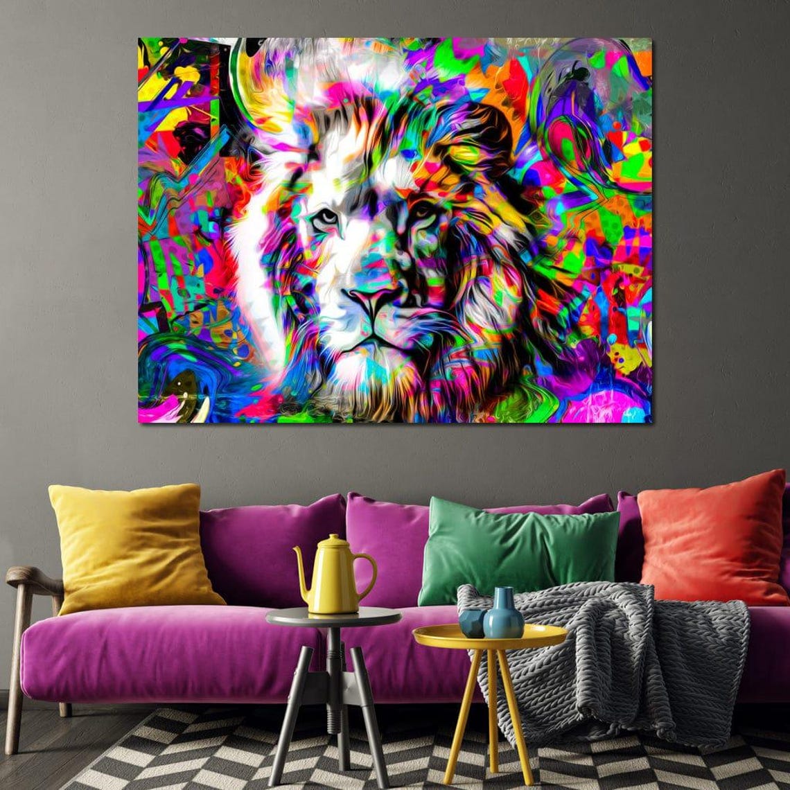 Psychedelic Lion Portrait Neon Multicolor Pop Art Animal Wall Poster - Image 3