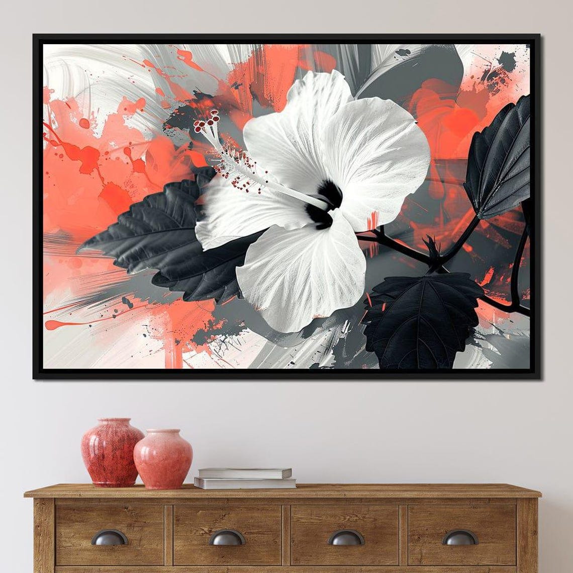 White Hibiscus Flower Red Black Abstract Bold Tropical Art Poster - Image 4
