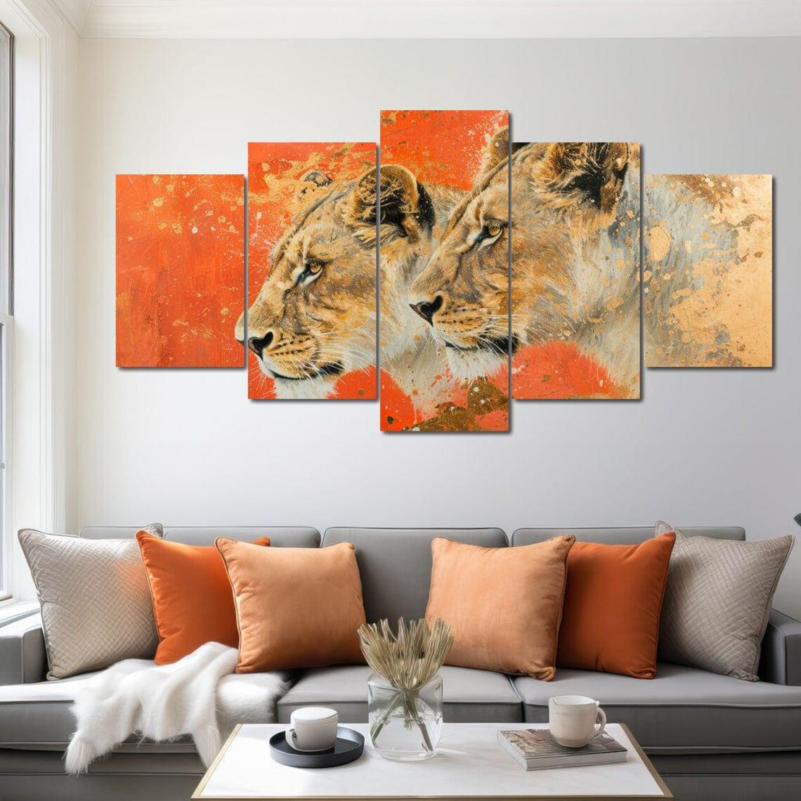 Twin Lionesses Fiery Orange Gold Splash Abstract Wildlife Wall Art Poster - Image 4